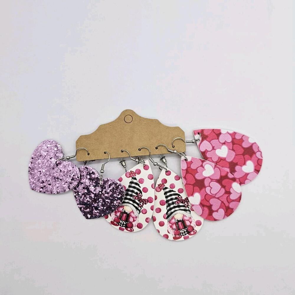 Valentine Gnome Heart‎ Sparkle Faux Leather Dangle Earrings Double Sided